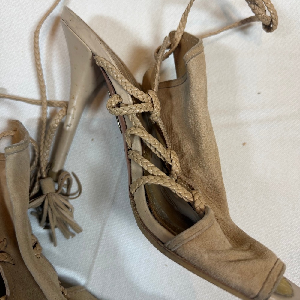 Aquazzura Firenze Lace Up Heels Tassel Suede Beige Sandals - Size 37.5 - Picture 4 of 7